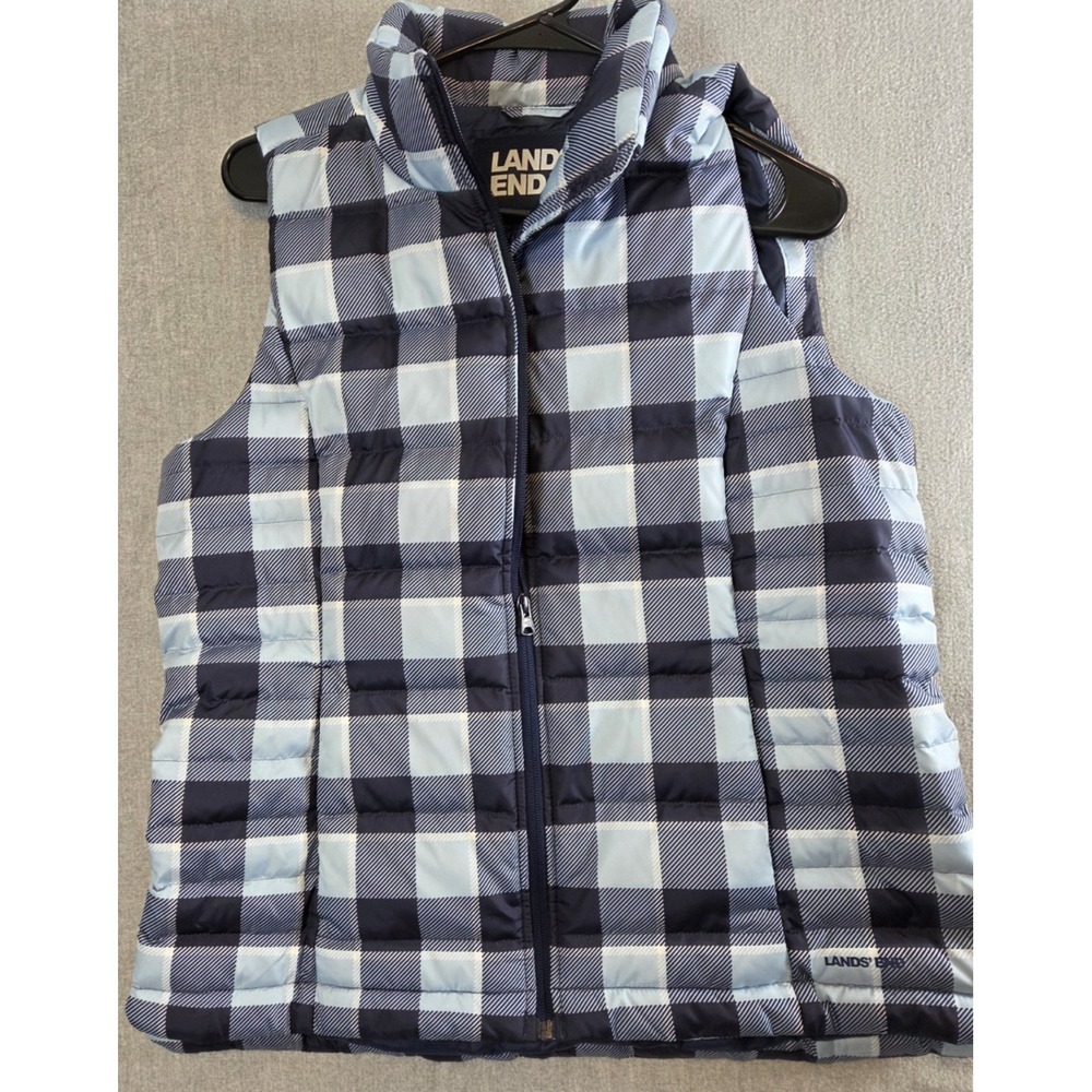 Lands End M Down Puffer Vest Full Zip Blue Checkerboard Travel Insulated Active